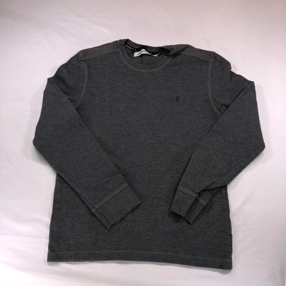 Calvin Klein Jeans Mens Small Gray Waffle Knit Thermal Long Sleeve Shirt Logo